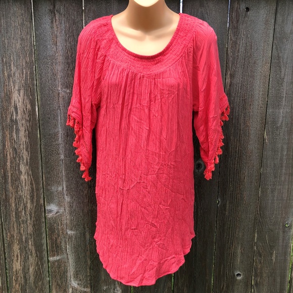 Vincente Tunic Top Tassel Trim 1/2 Sleeves Crinkle Scoop Neck Summer Beach - Picture 2 of 6